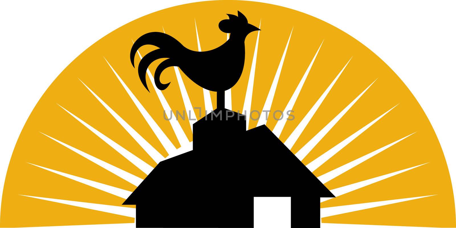 Rooster crowing on top of farm house or barn by patrimonio