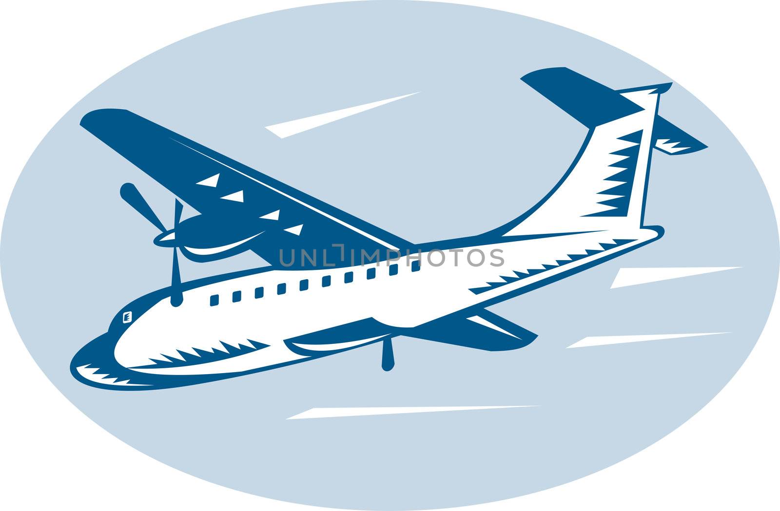 illustration of a propeller airplane woodcut style