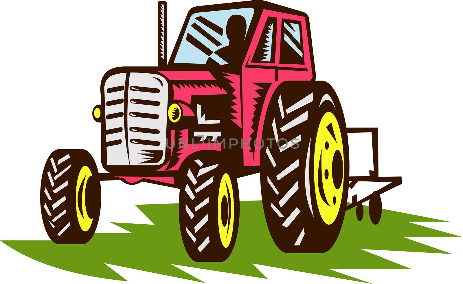 illustration of a vintage tractor done in woodcut style.