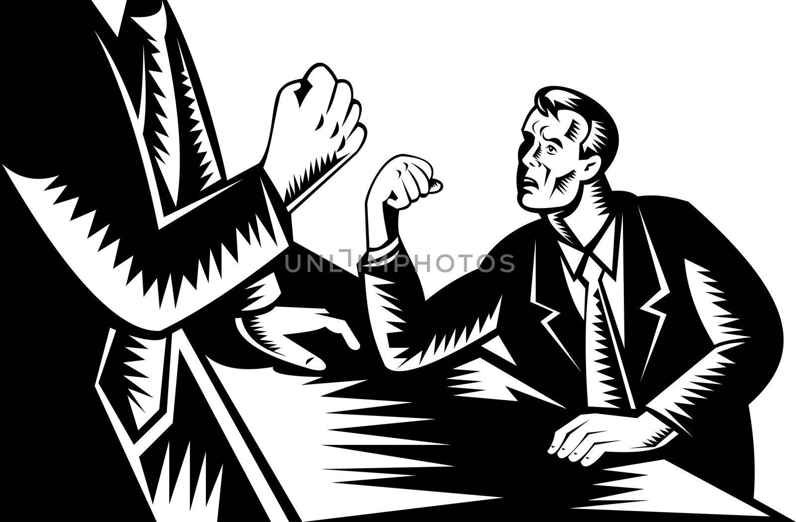 Illustration of a man looking scared as he arm wrestles with a giant.