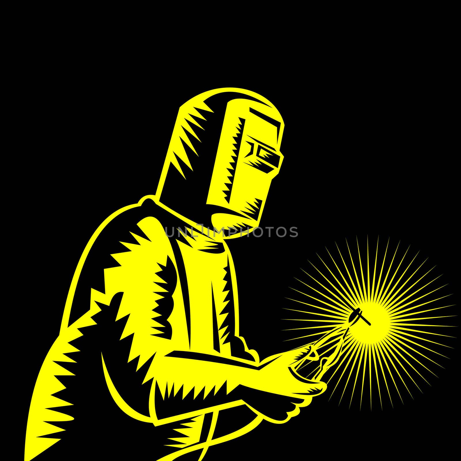 illustration of a welder at work on blakc background