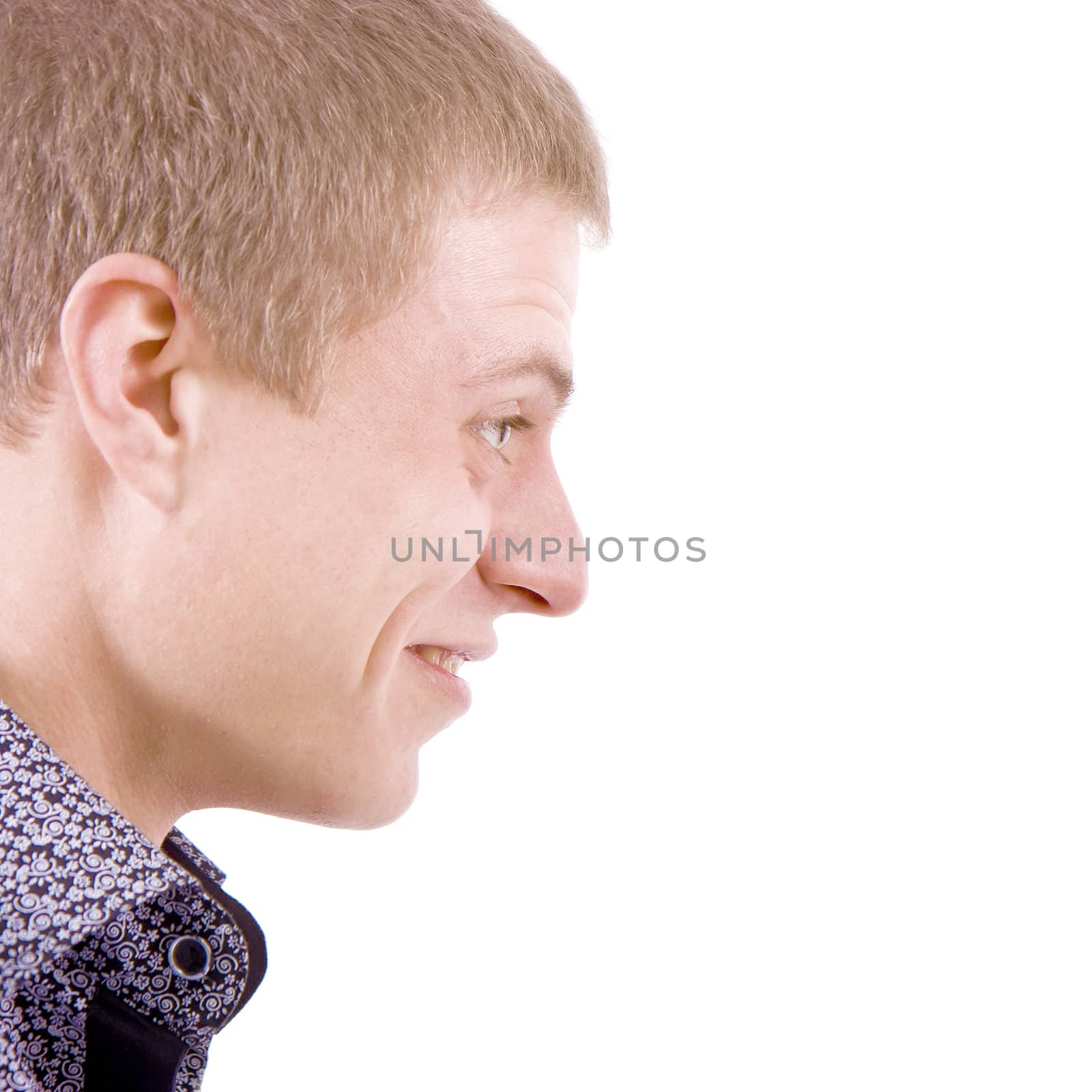 Profile portrait of astonished men on a white background