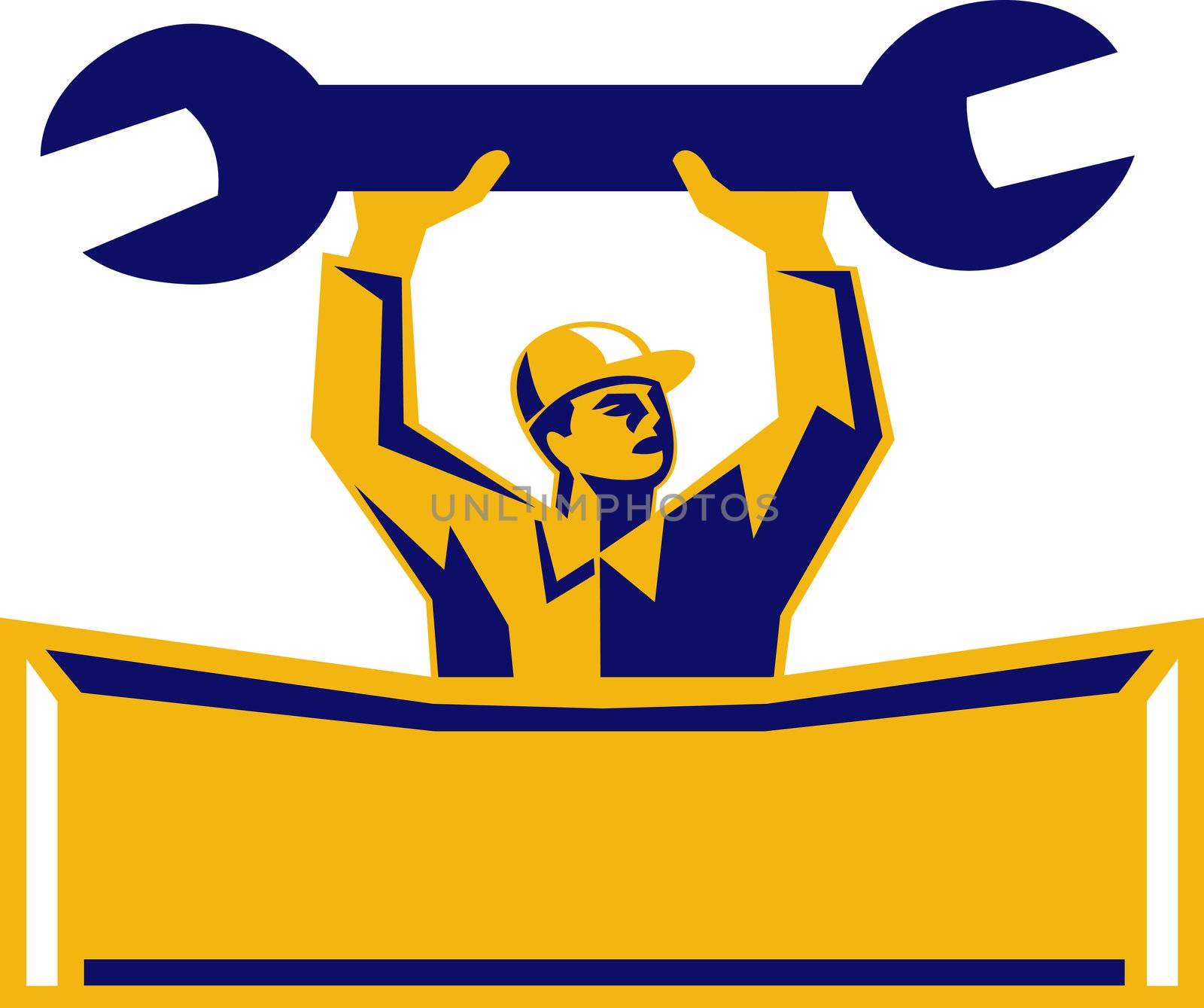 Imagery shows an automobile mechanic holding up a spanner. Done in two (2) colors.
