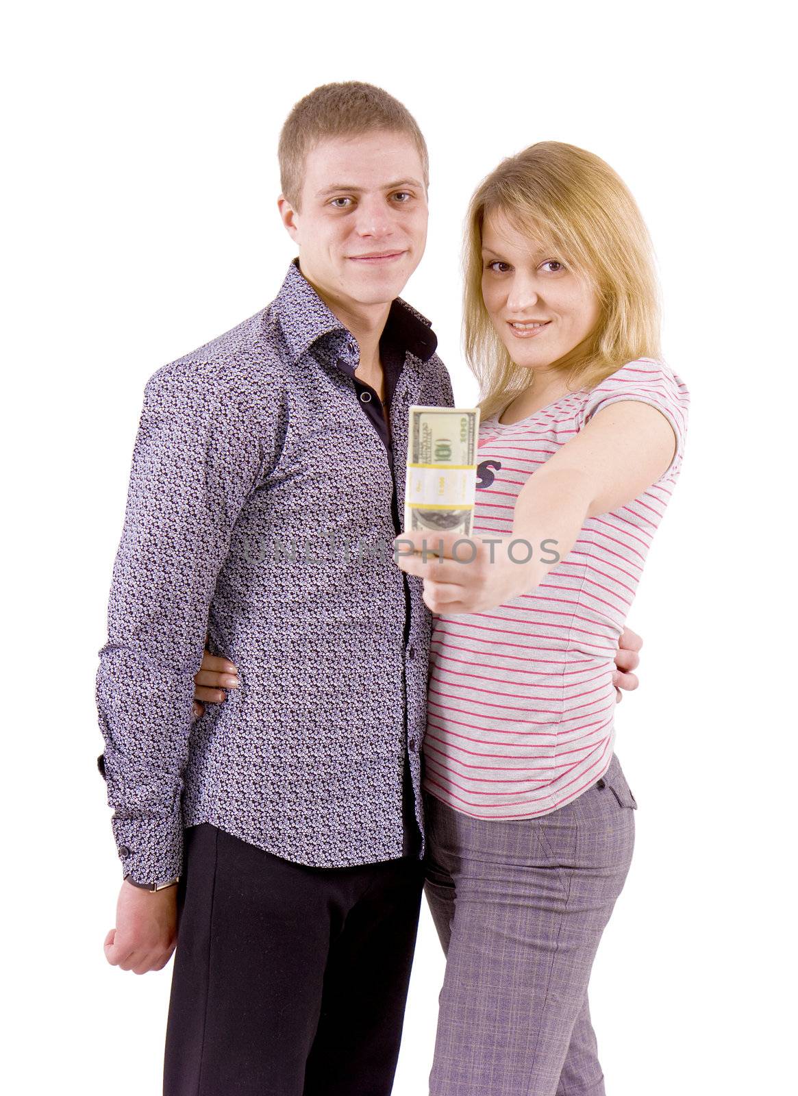 happy young couple with money in the hands
