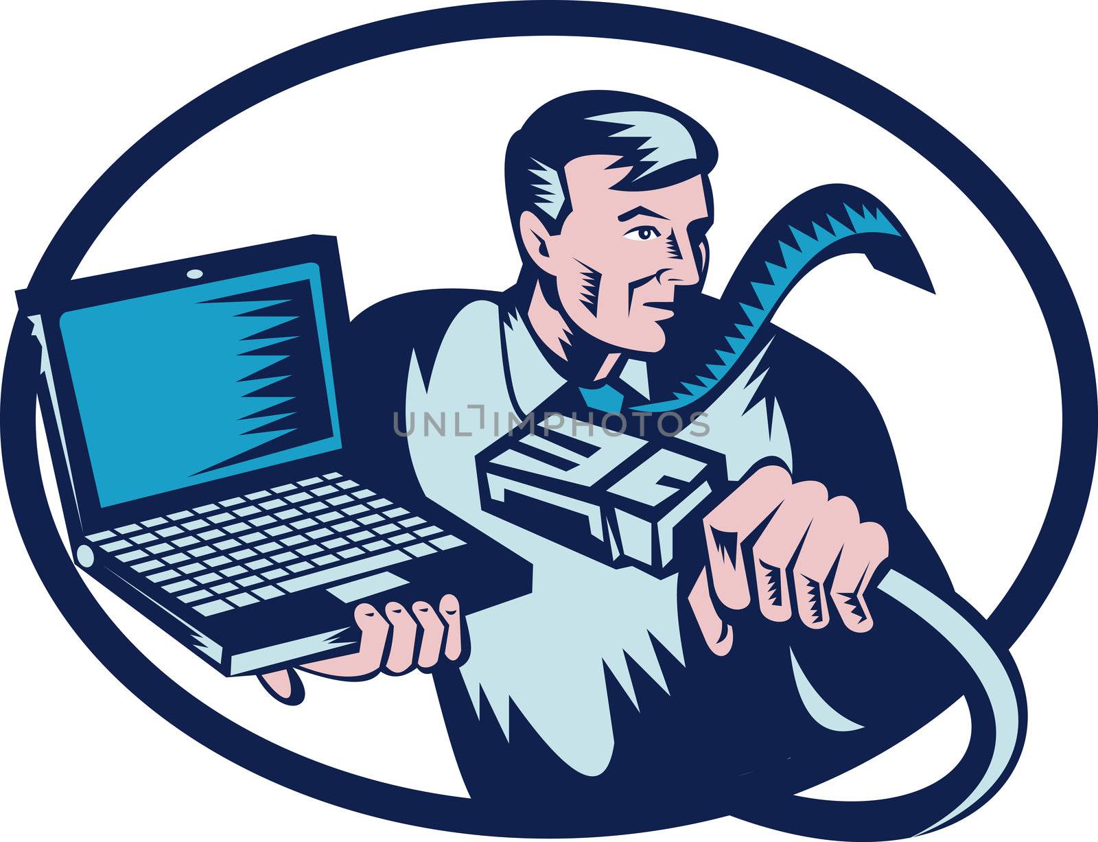 Computer technician holding cable and laptop by patrimonio