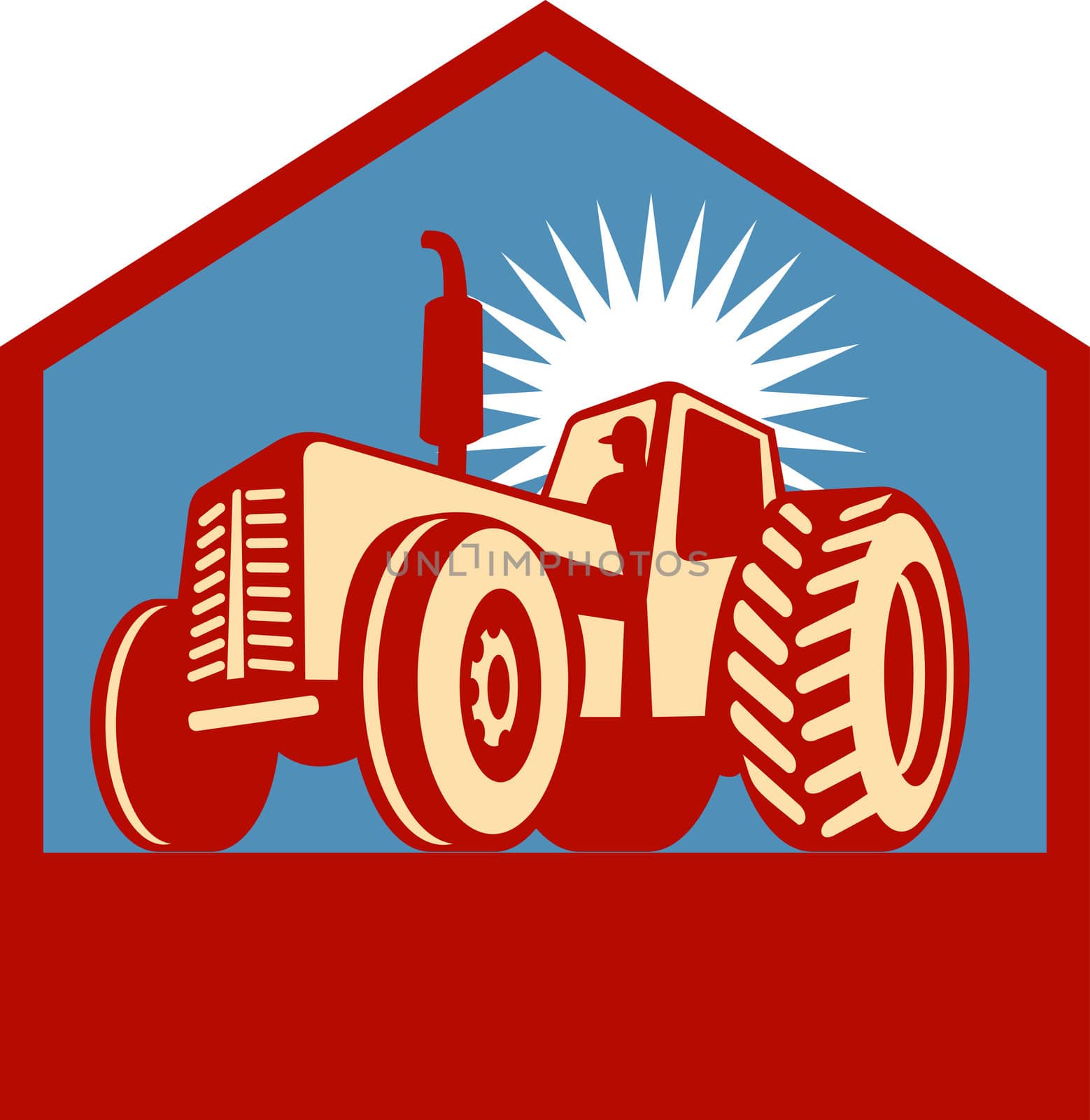 Imagery shows a retro styled tractor silhouette viewed form a low angle enclosed in a chevron. Done in three (3) colors.