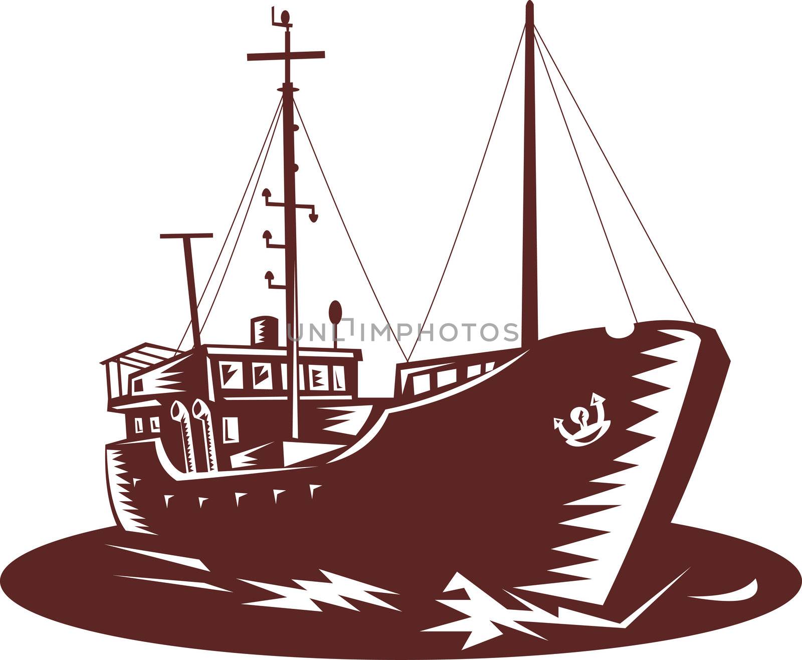 illustration of a Coastal trader boat don ein woodcit style