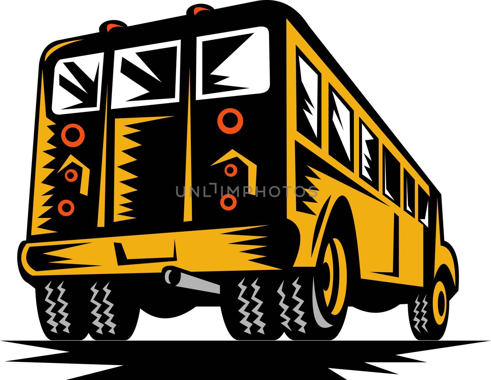 illustration of a vintage yellow school bus viewed from the rear