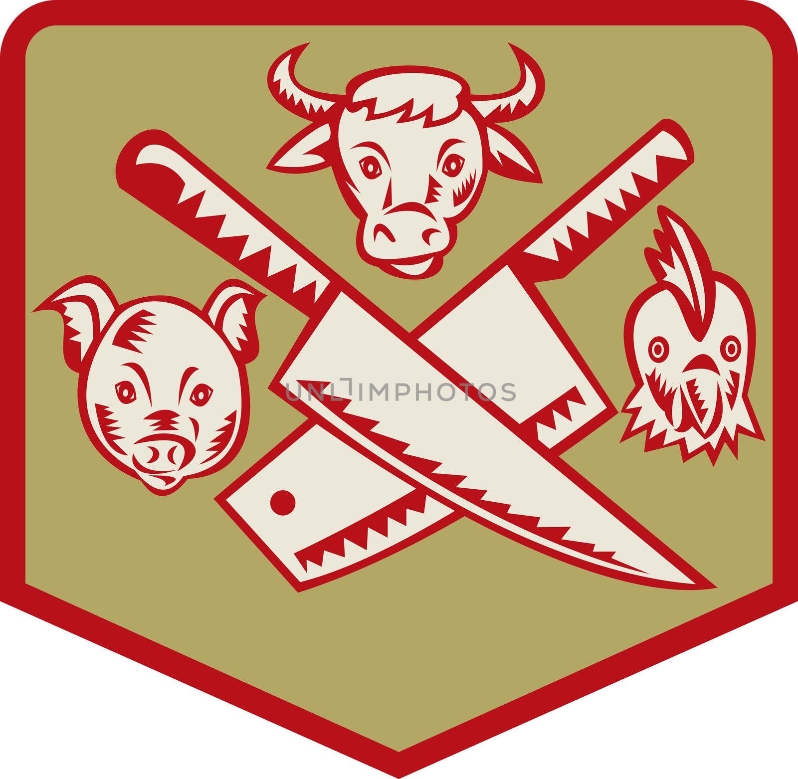 Imagery shows a Cow,pig and chicken with crossed butcher knife set inside a shield