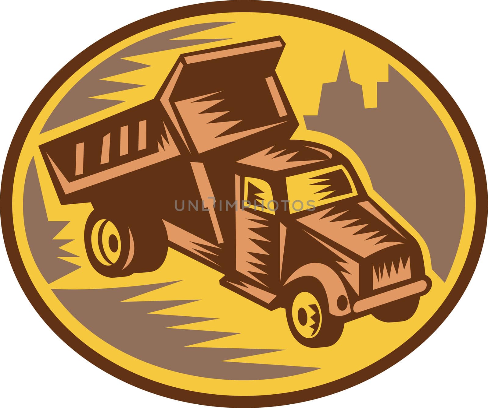 Imagery shows a dump truck done in retro woodcut style.