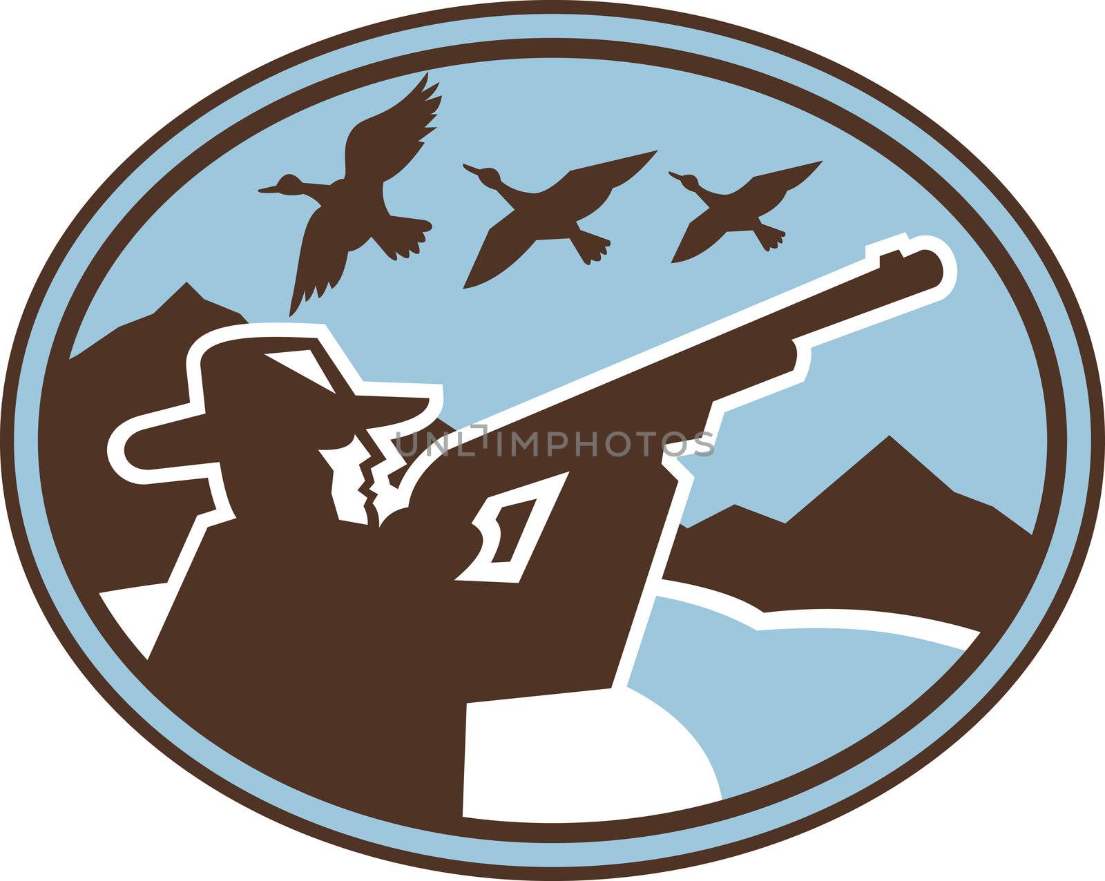 Imagery shows a Hunter aiming his shotgun viewed from side with ducks flying in the background enclosed in an ellipse. Done in two (2) colors.