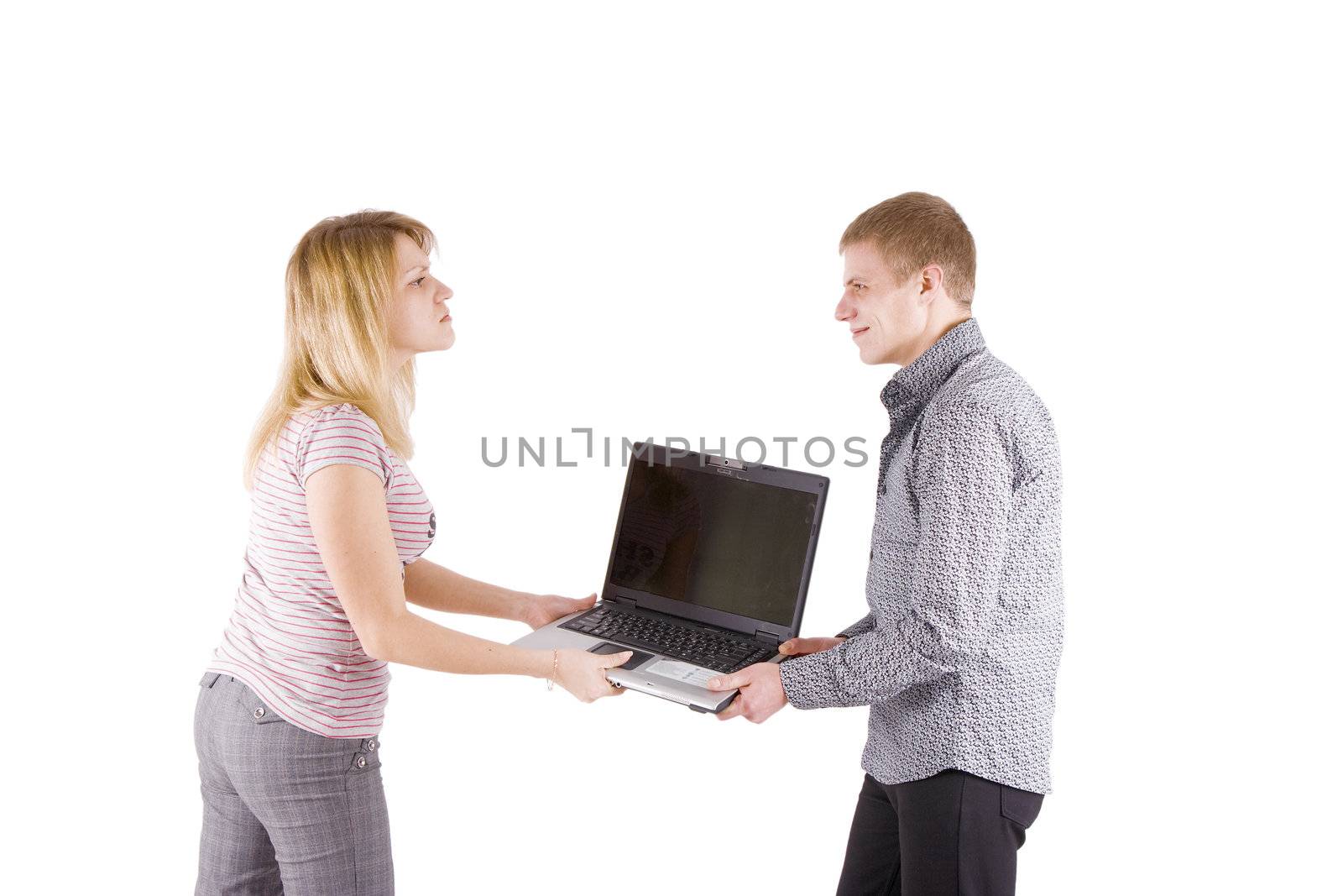 on a white background a man and a woman fighting for laptop
