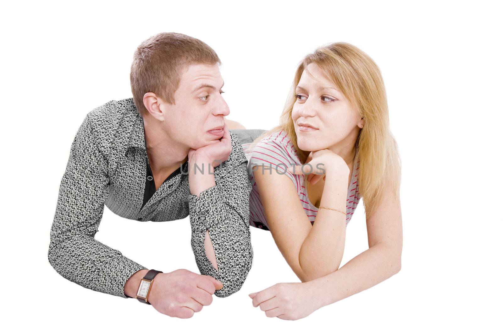 boy and girl lying on a white background and ape
