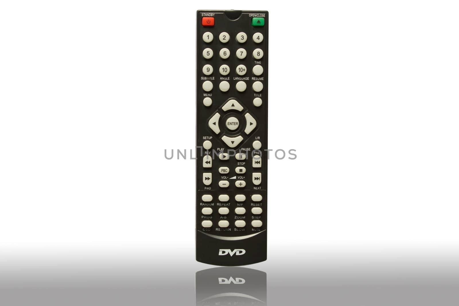black remote control on white background and reflected grey