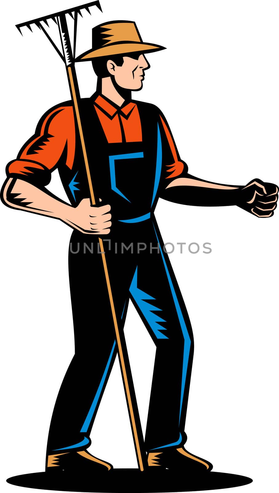 illustration of a Farmer standing to side and holding a rake