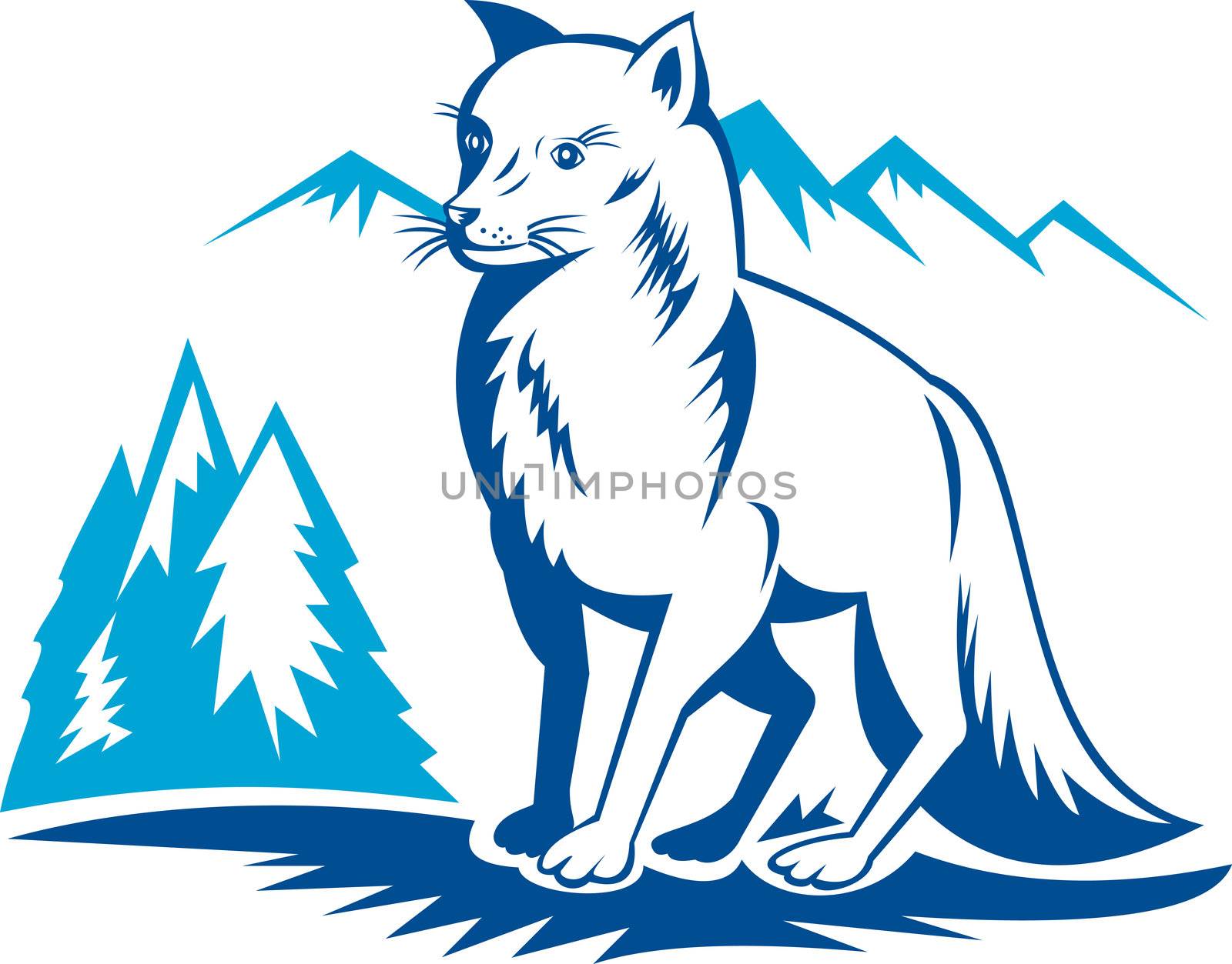 illustration of a Fox with mountains in the background done in retro style