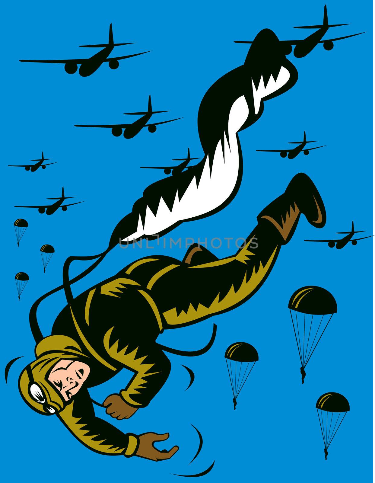 World war two soldier parachuting pulling cord by patrimonio