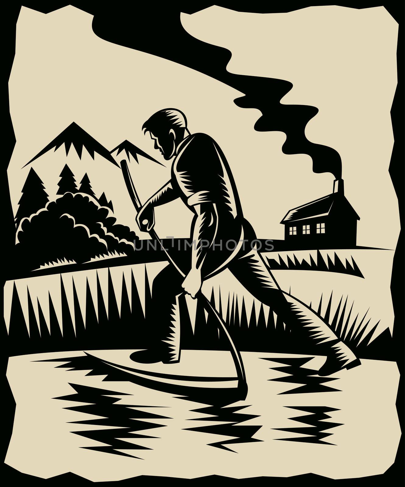 illustration of a Farmer with scythe at work with house in background