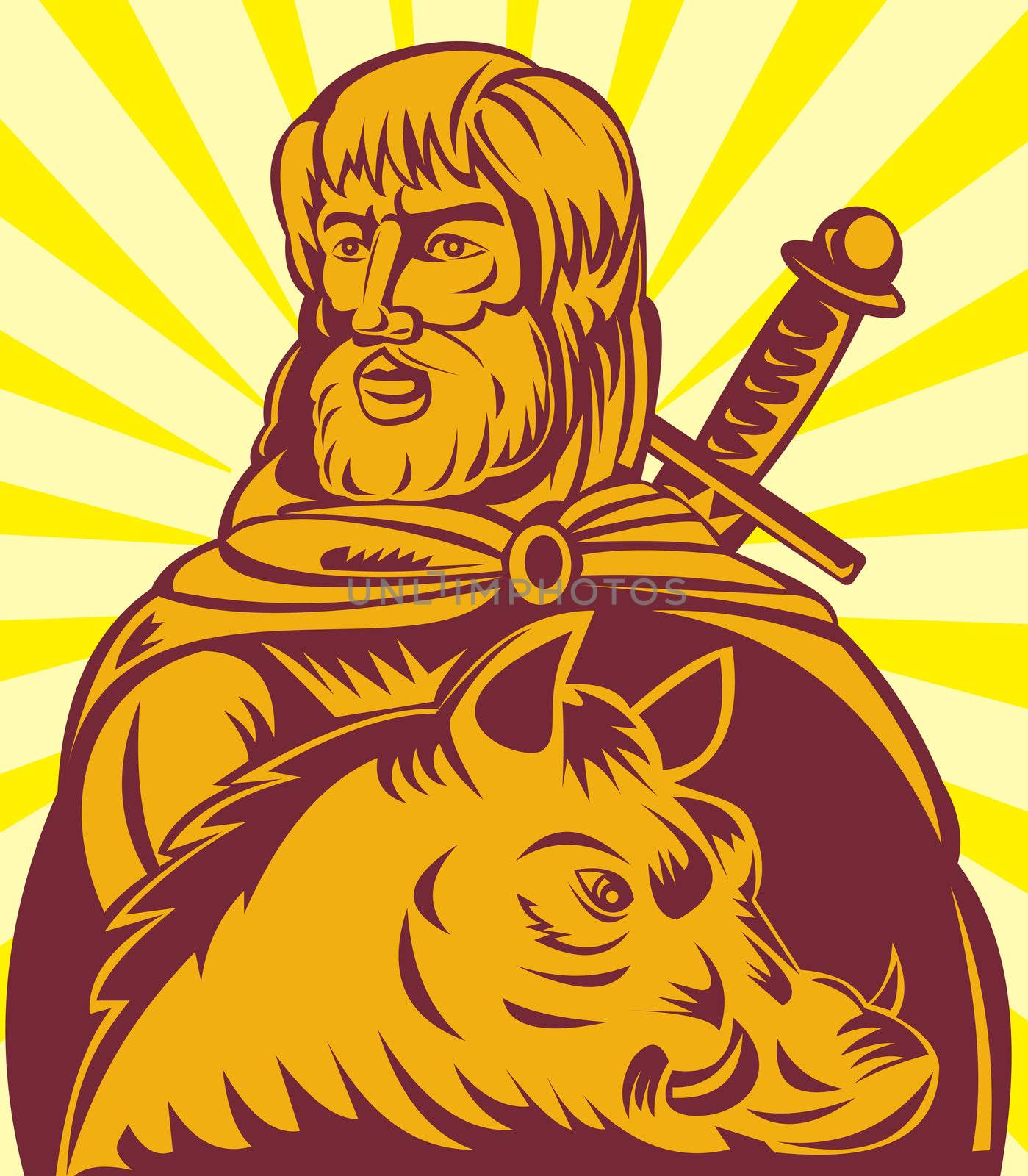 illustration of Frey the  Norse god of agriculture with sword and boar