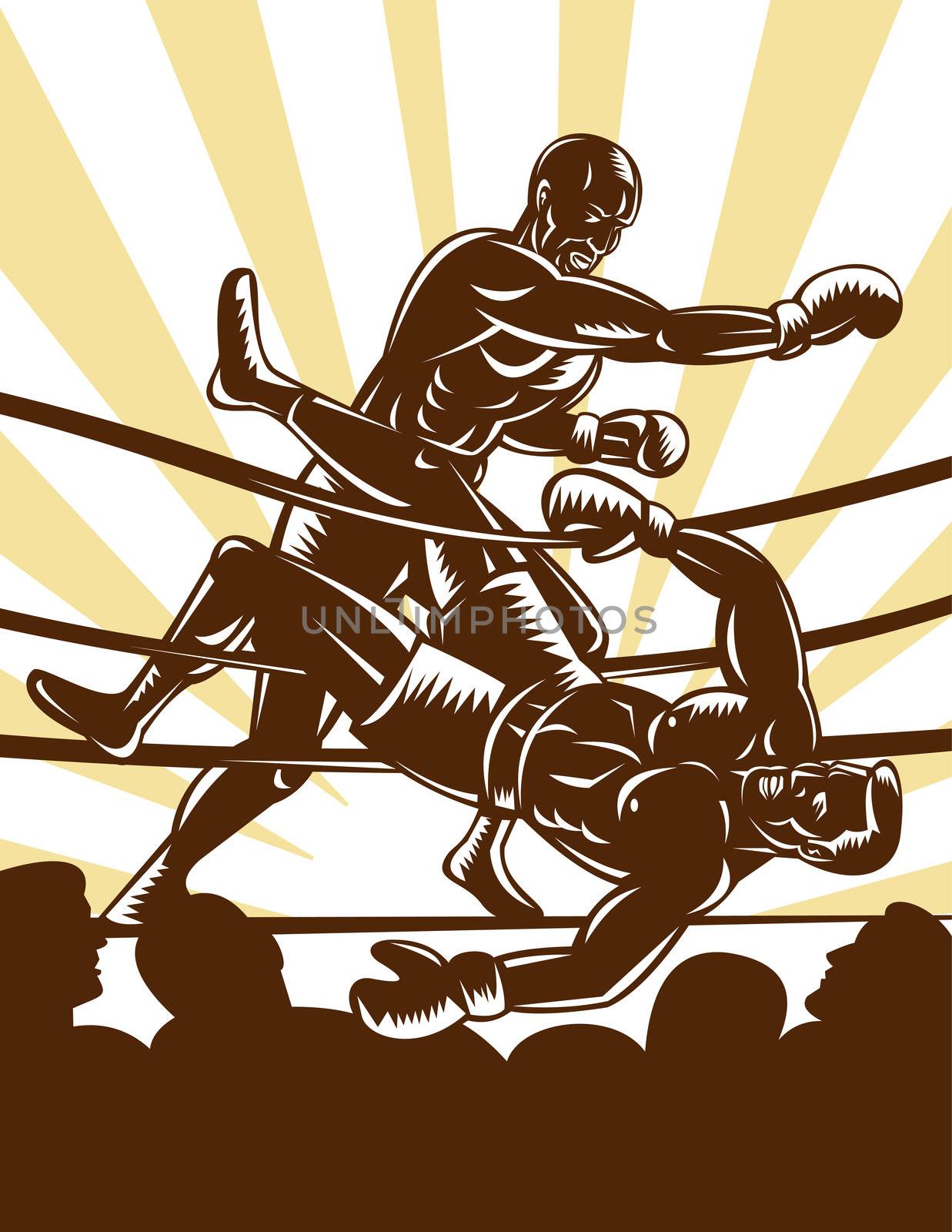 illustration of a Boxer knocking out opponent out of boxing ring