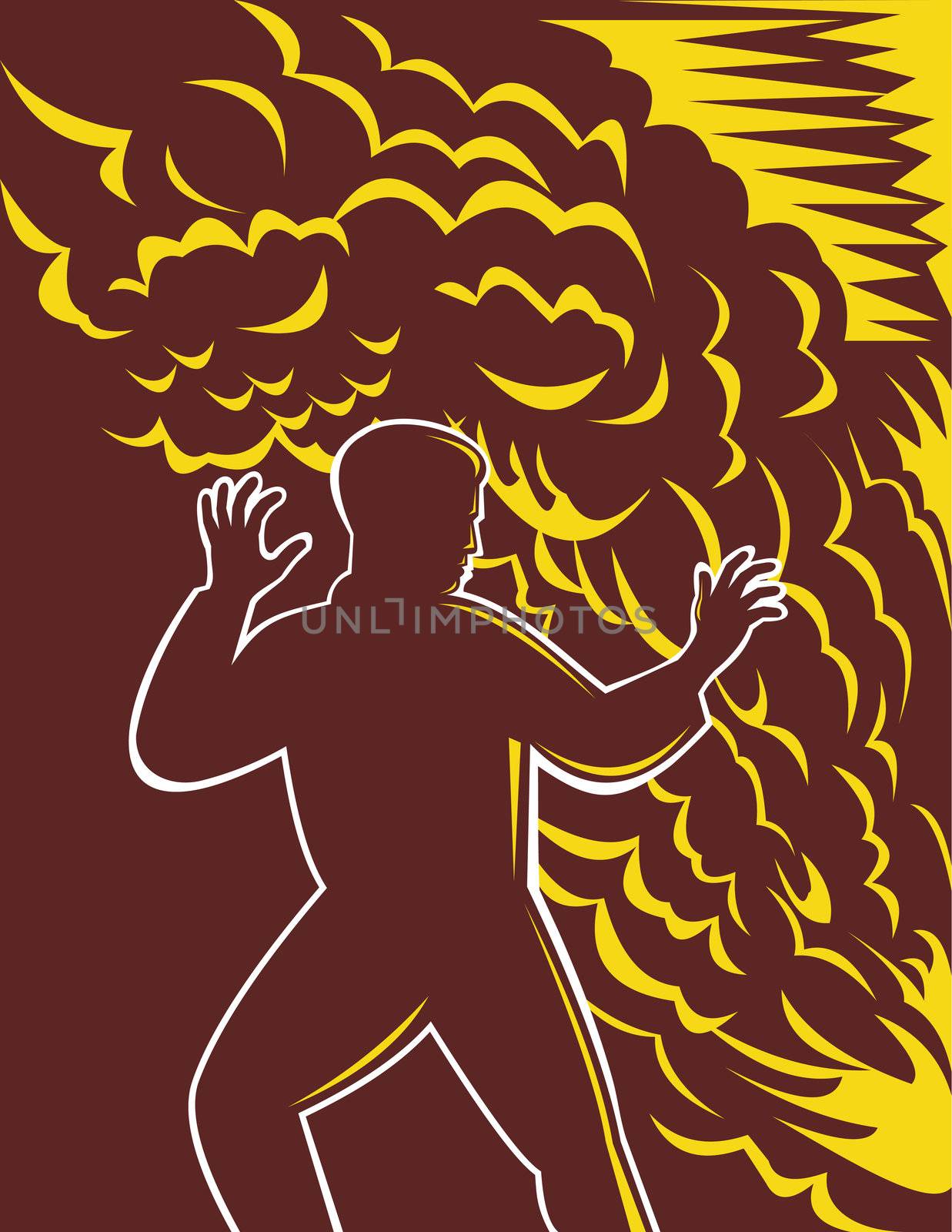 illustratino of a Man scared in front of burning fire and smoke