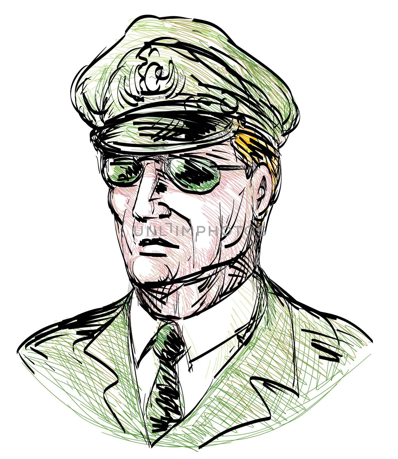 hand sketched illustration of a Portrait of a general with sunglasses.