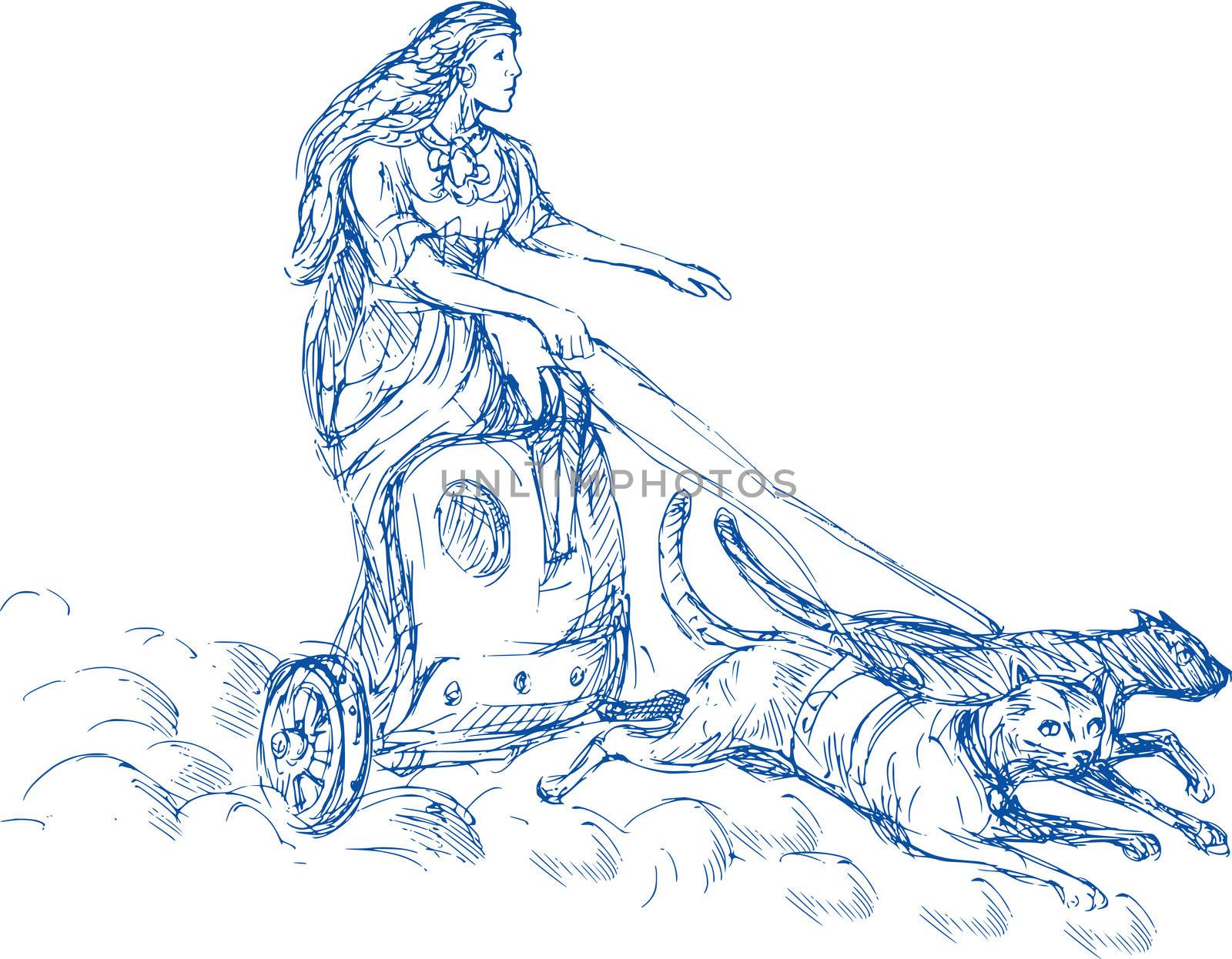 Illustration of Freya Norse goddess of love and beauty riding a chariot being pulled by two cats