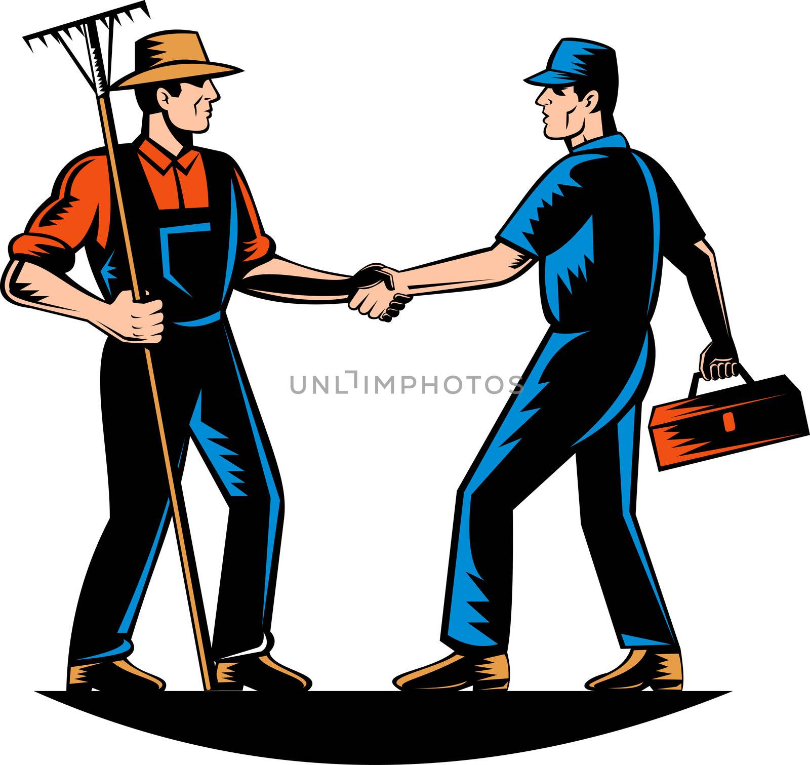vector illustration of a farmer and a tradesman,repairman,plumber or handyman shaking hands
