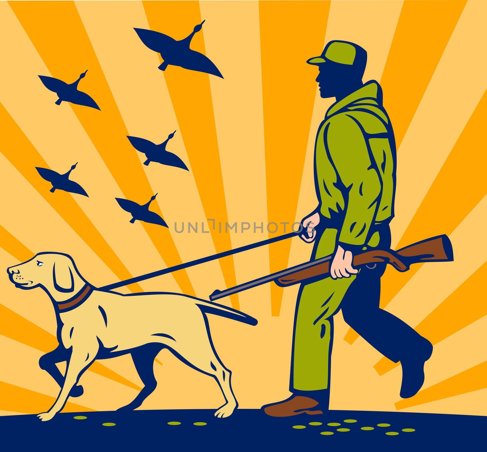 illustration of a Hunter with rifle walking with trained hunting gun dog