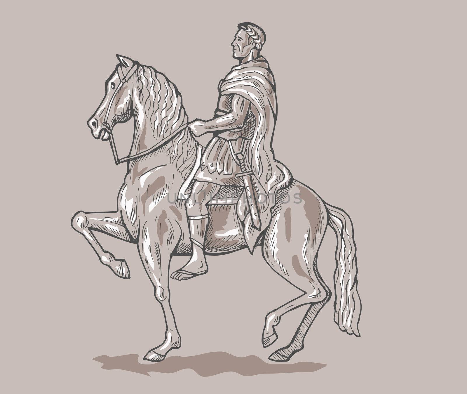 hand sketched, drawn vector illustration of a Roman emperor soldier riding horse.