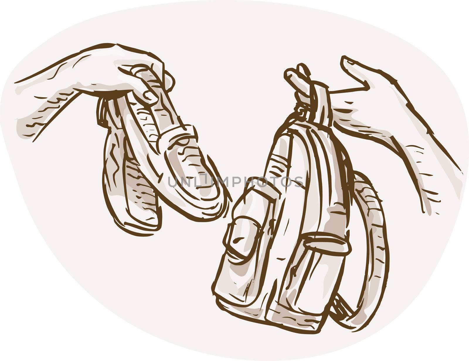 hand drawn sketched illustration of Hands Barter trading or swapping shoes and backpack or bag.