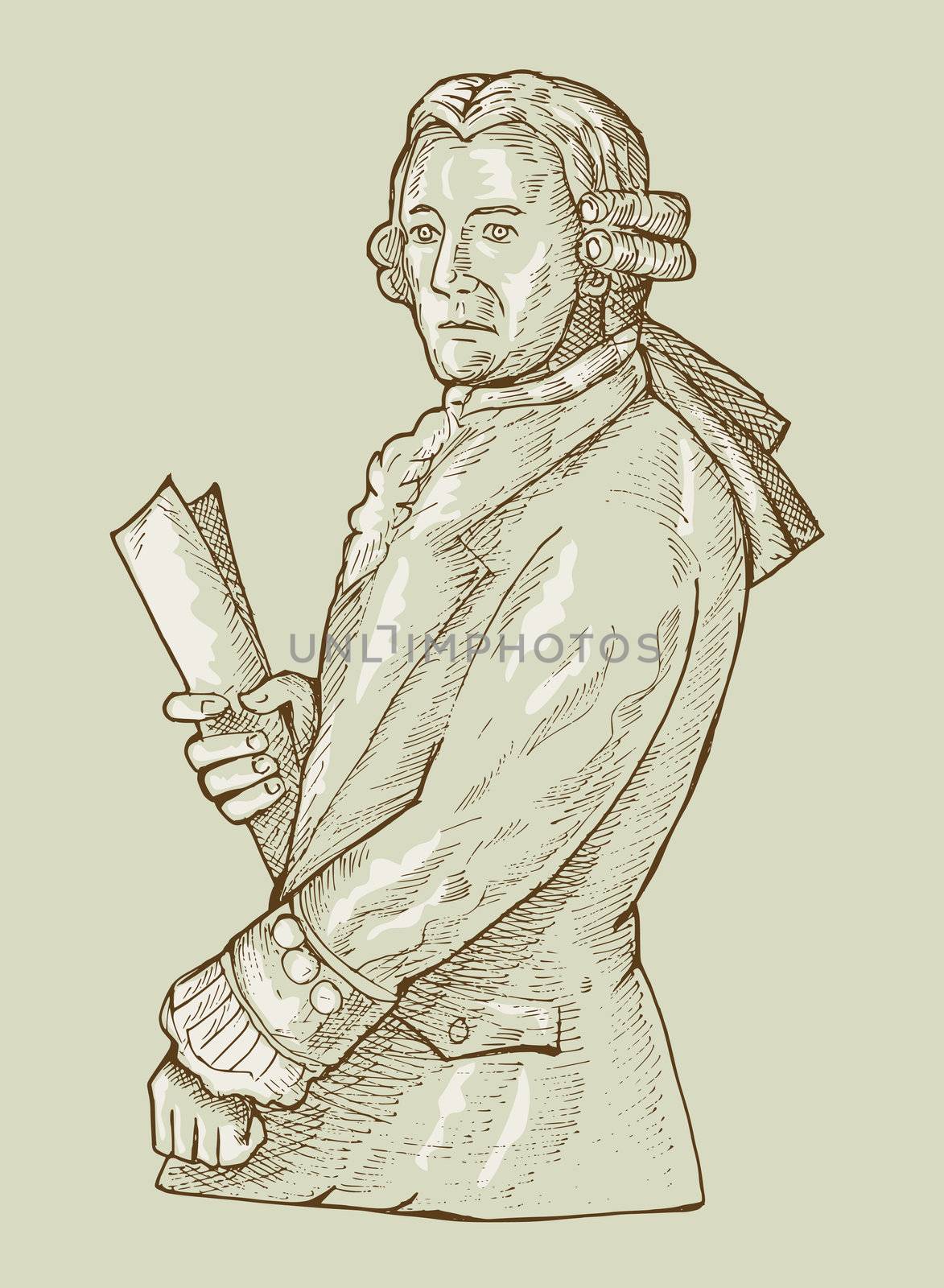 hand sketch illustration of a 17th century gentleman or aristocrat wearing wig.