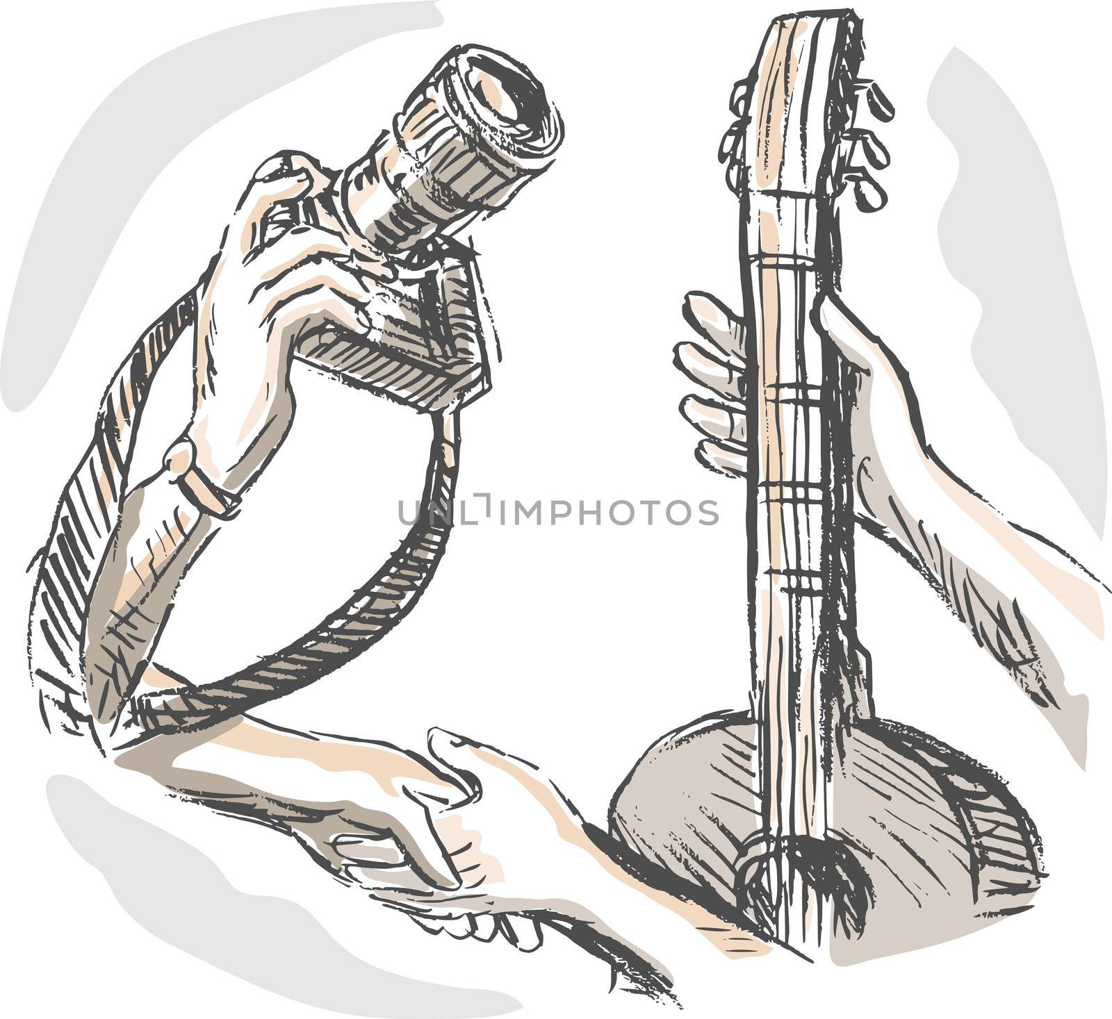 hand sketched illustration of Barter swapping hands with camera and guitar