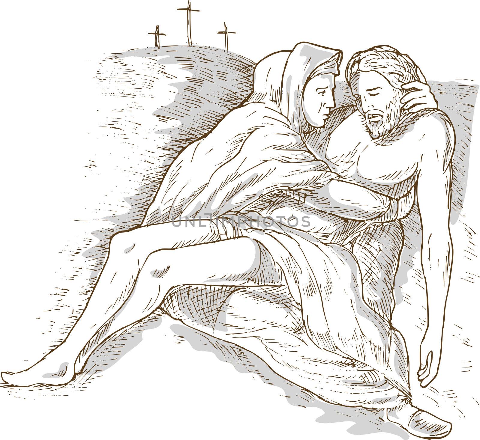 hand sketch drawing illustration of Mother Mary and the dead Jesus Christ with the cross of Calvary in the background isolated on white with gray wash