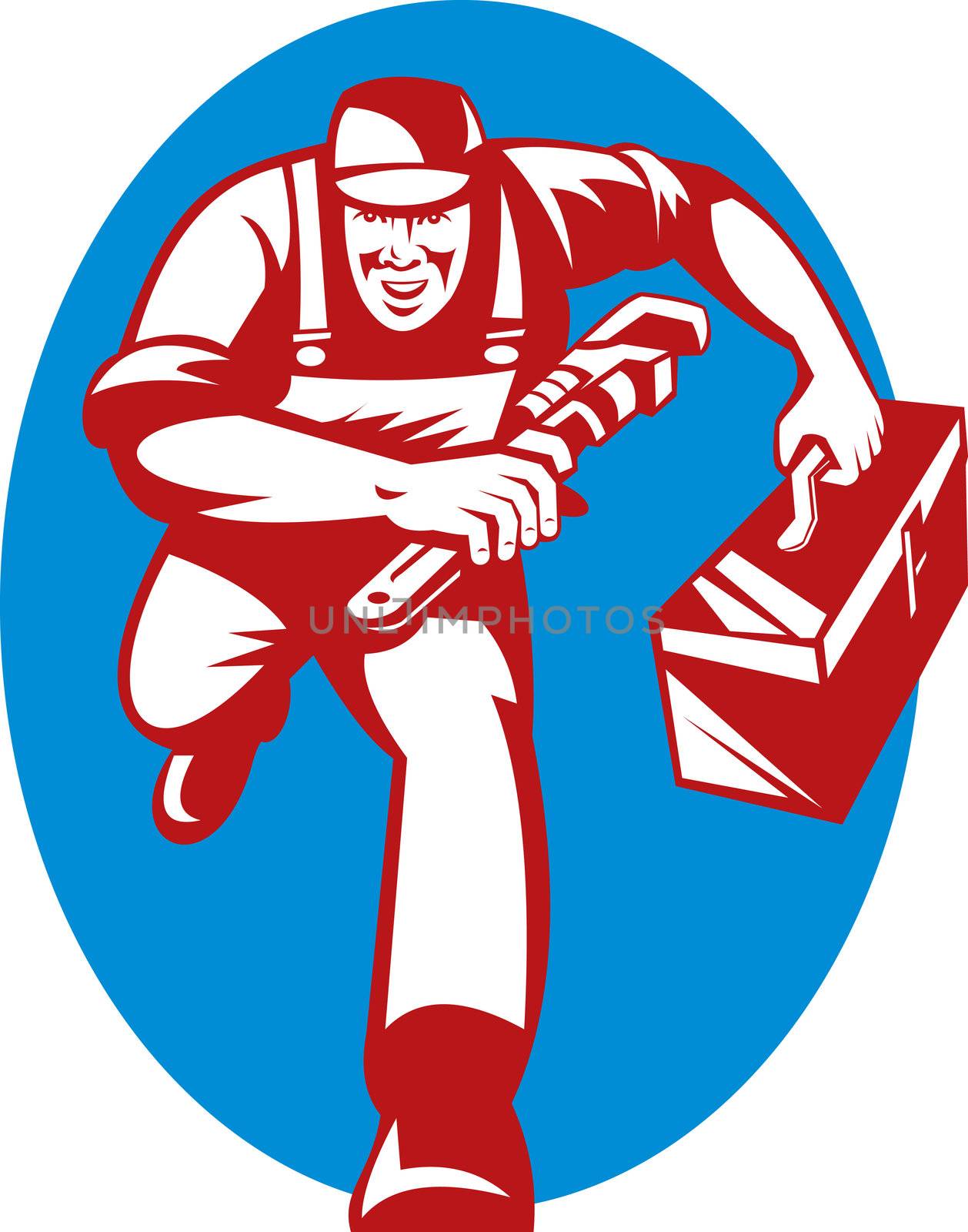 illustration of a Plumber with monkey wrench and toolbox running toward the viewer