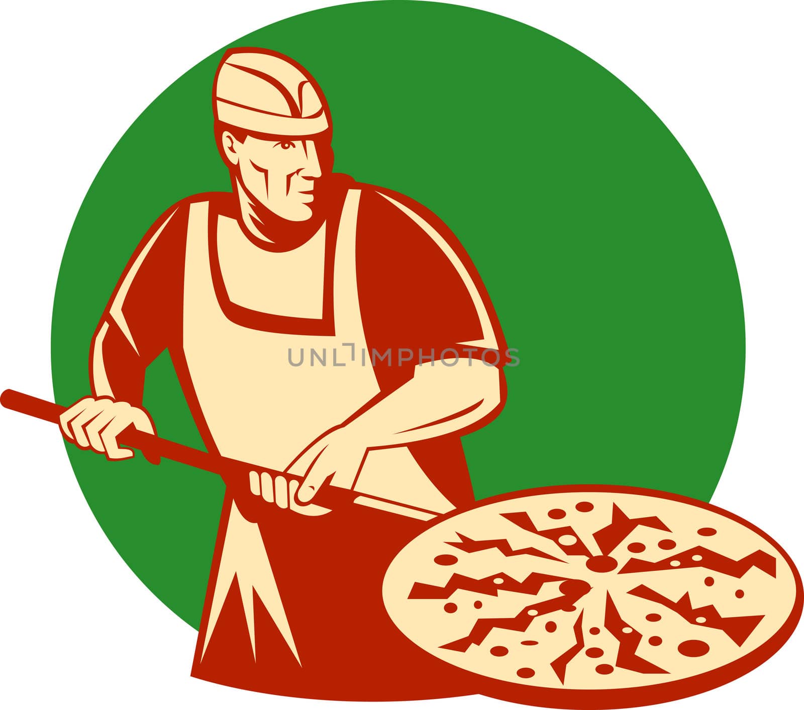 illustration artwork of a Pizza pie maker or baker holding baking pan