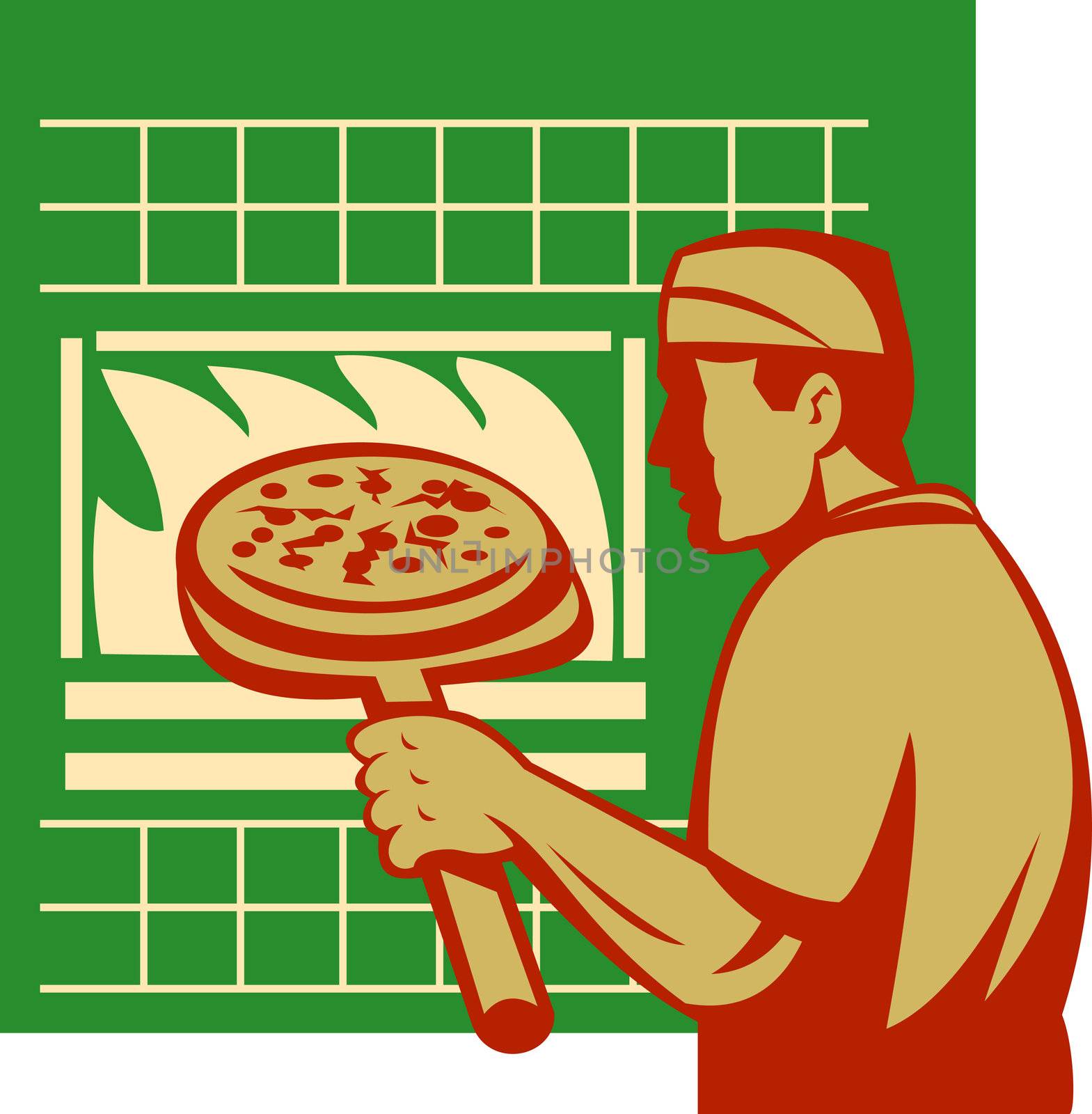 artwork illustration of a Pizza pie maker or baker holding baking pan