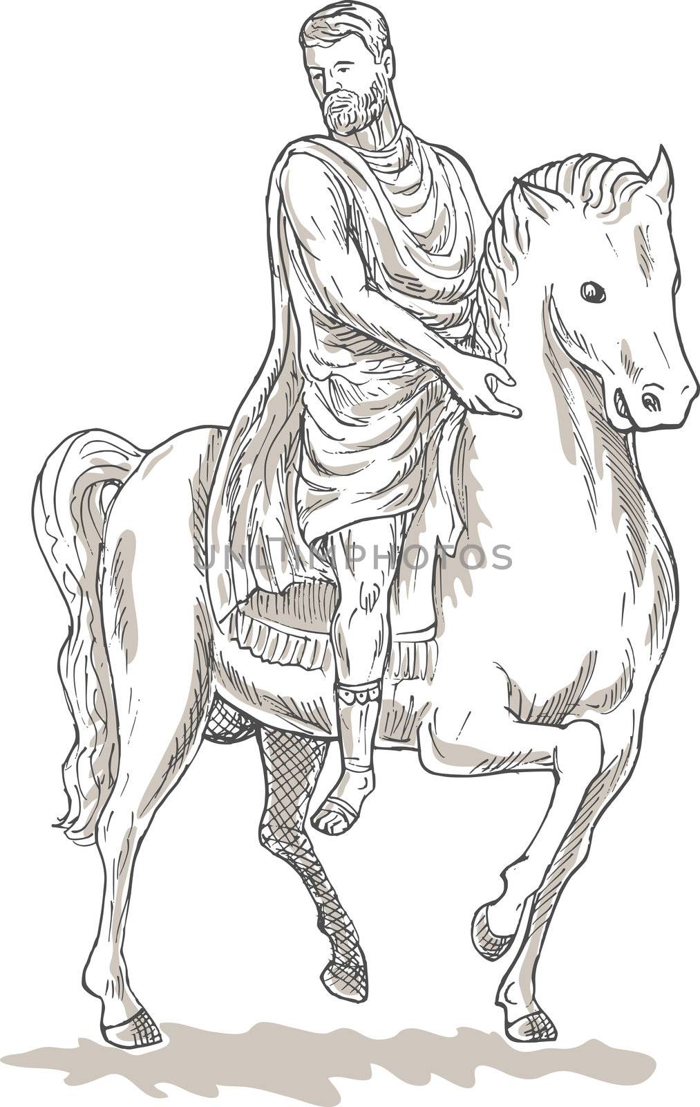 hand sketched drawing illustration of a Roman emperor general or soldier riding horse