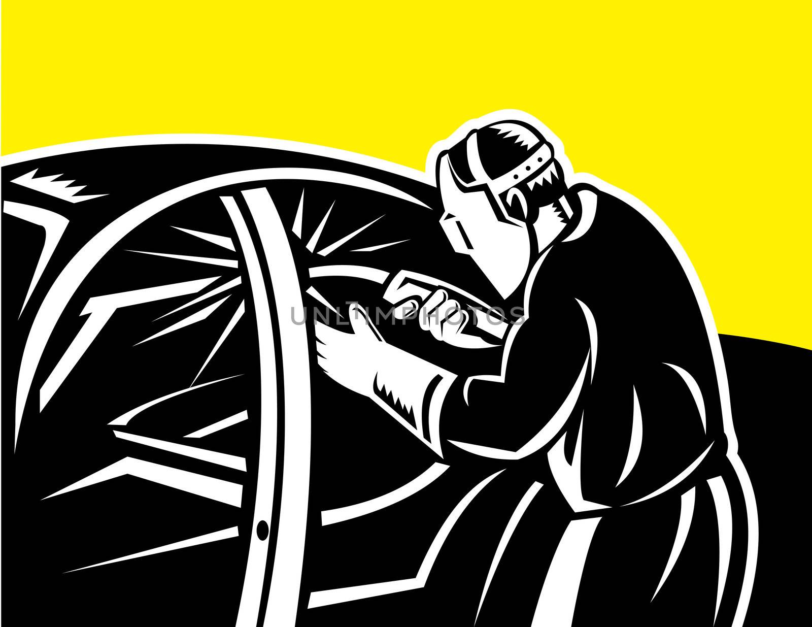 illustration of a Welder with welding torch working on car