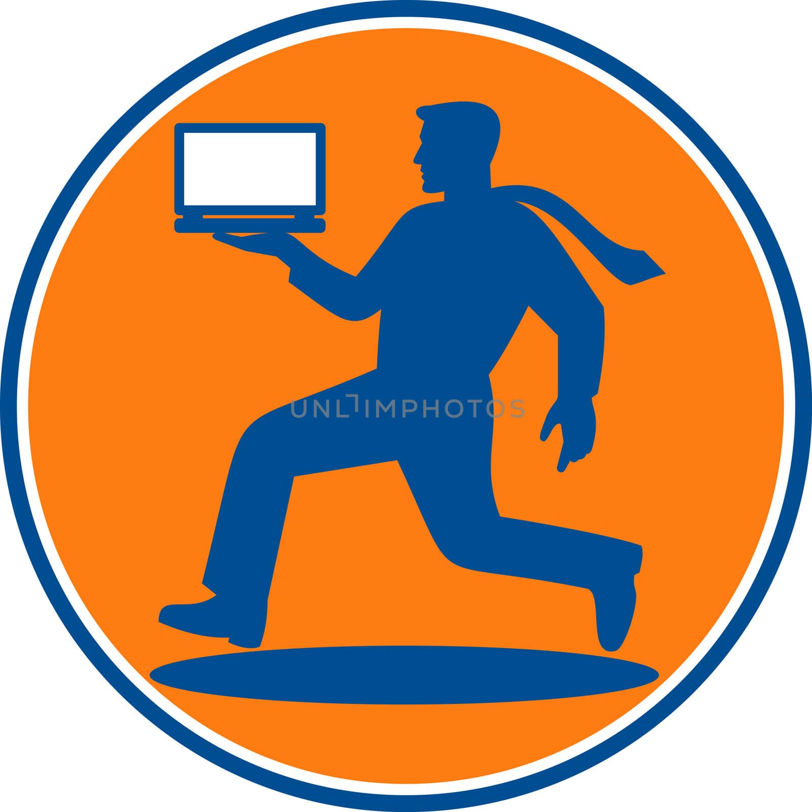 illustration of a man carrying laptop computer running viewed from the side set inside a circle