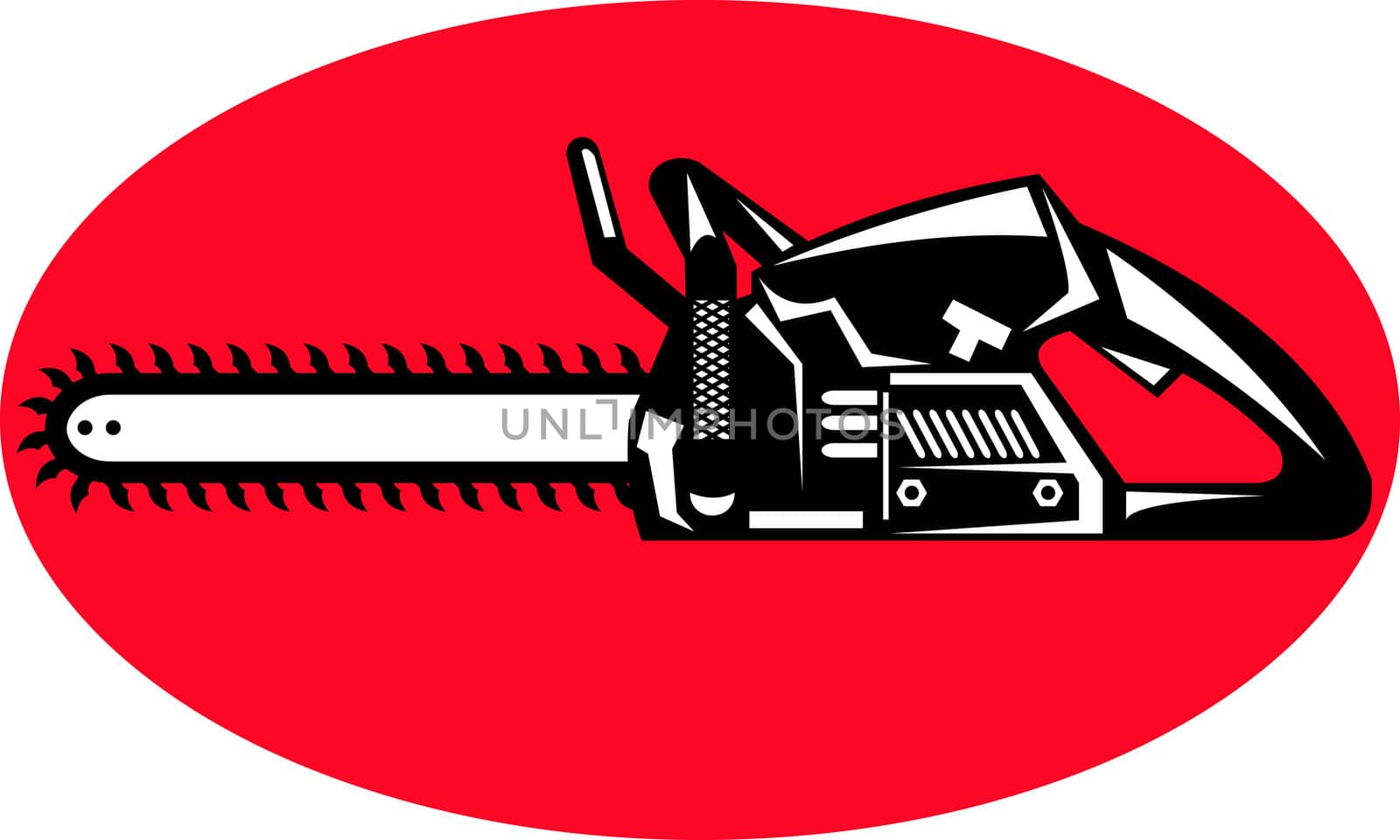 illustration or icon of a chainsaw sideview set inside an oval or ellipse