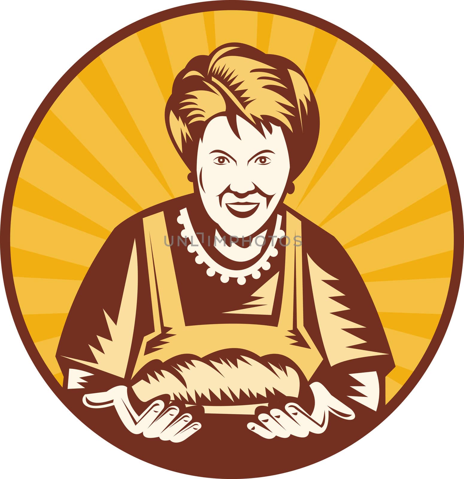 illustration of an old woman presenting a freshly baked loaf of bread set inside a circle.