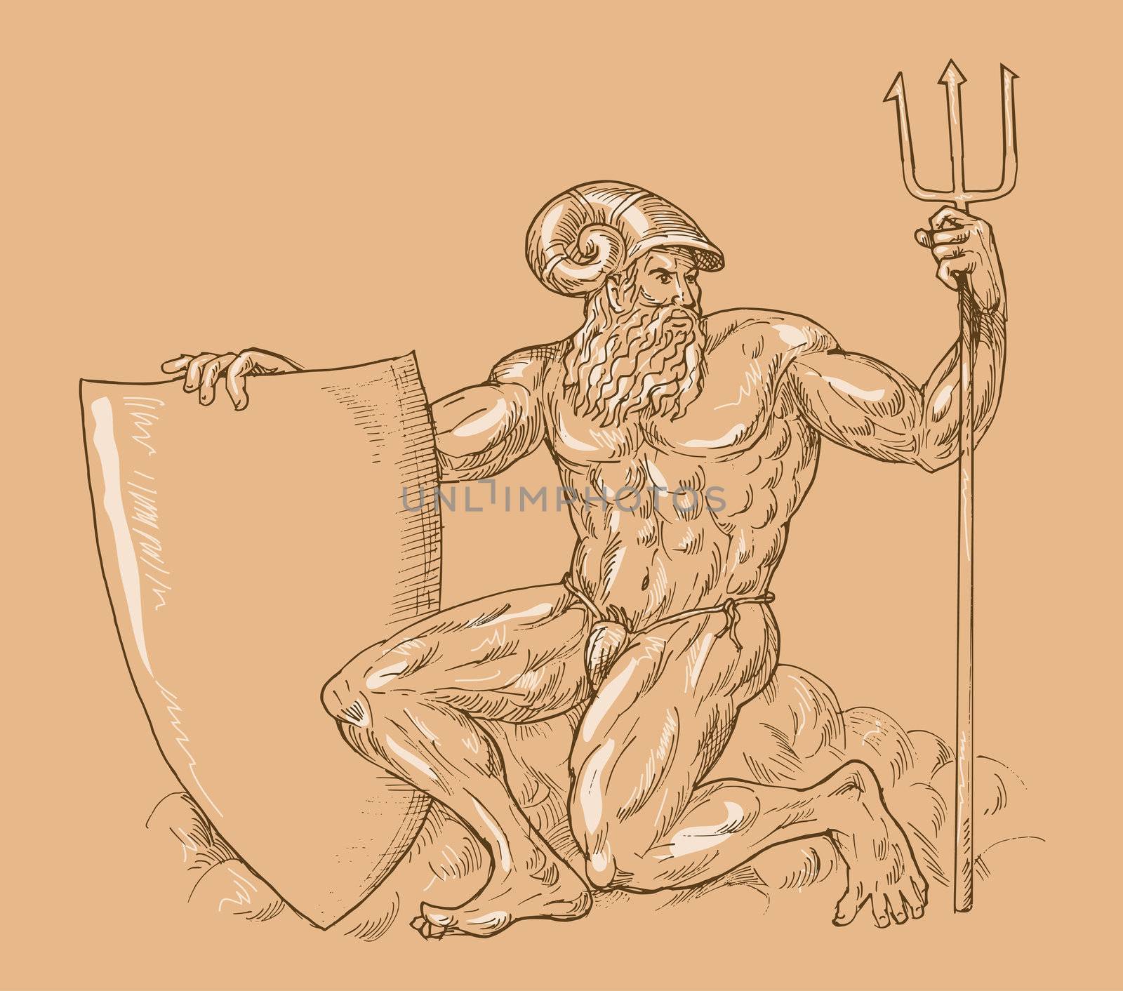 hand drawn and sketch illustration of Roman God Neptune or poseidon with trident and shield