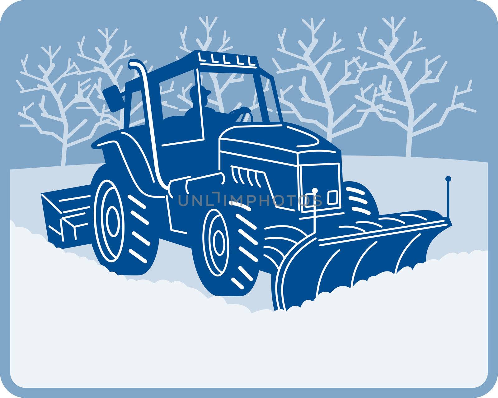 Snow plow tractor plowing winter scene by patrimonio