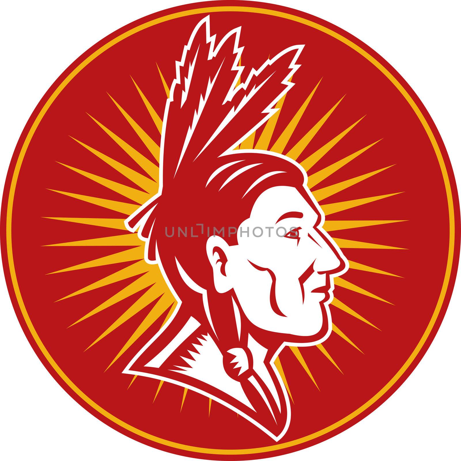 illustration of an native American indian chief with three feathers side view