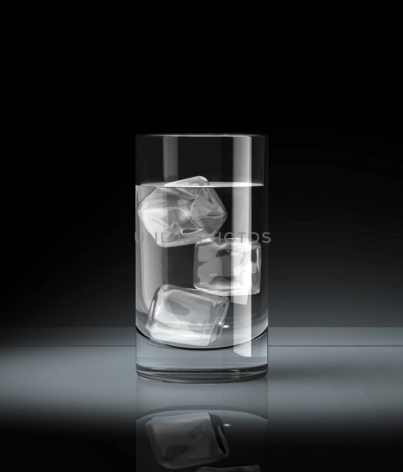 Water glass with ice block on dark background