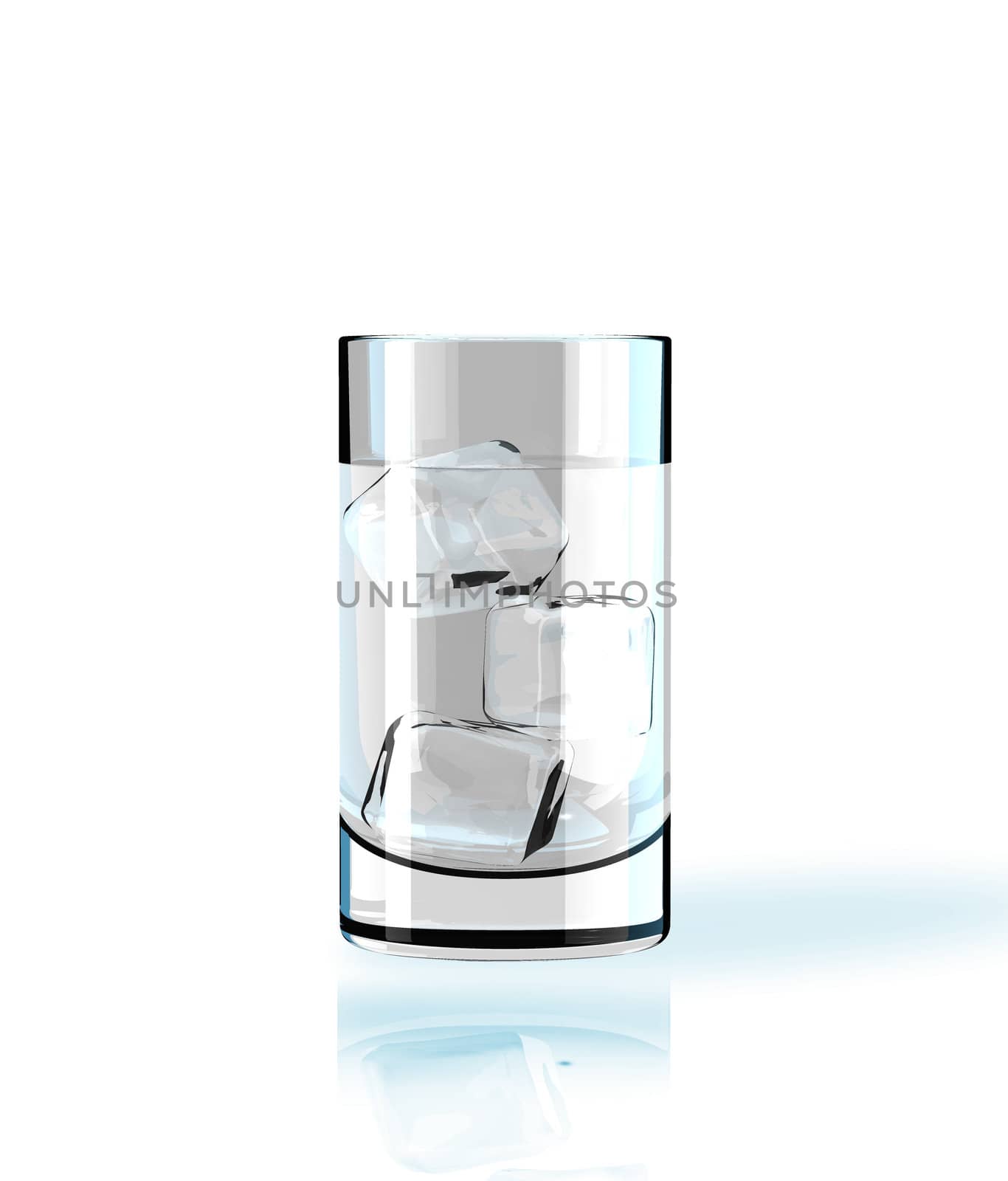 Water glass with ice block on white background