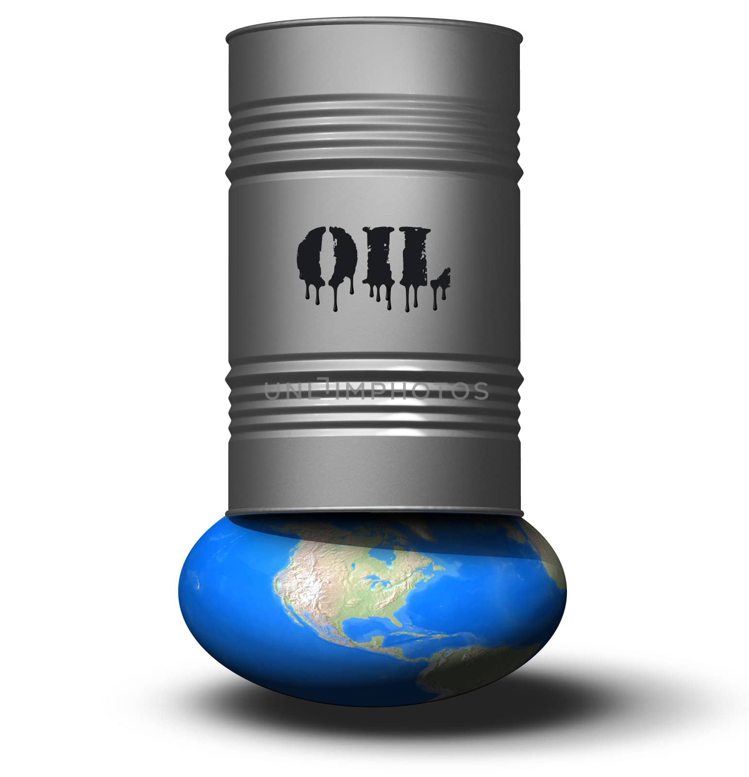 A drum of oil crushes the earth. Conceptual image: save the globe.