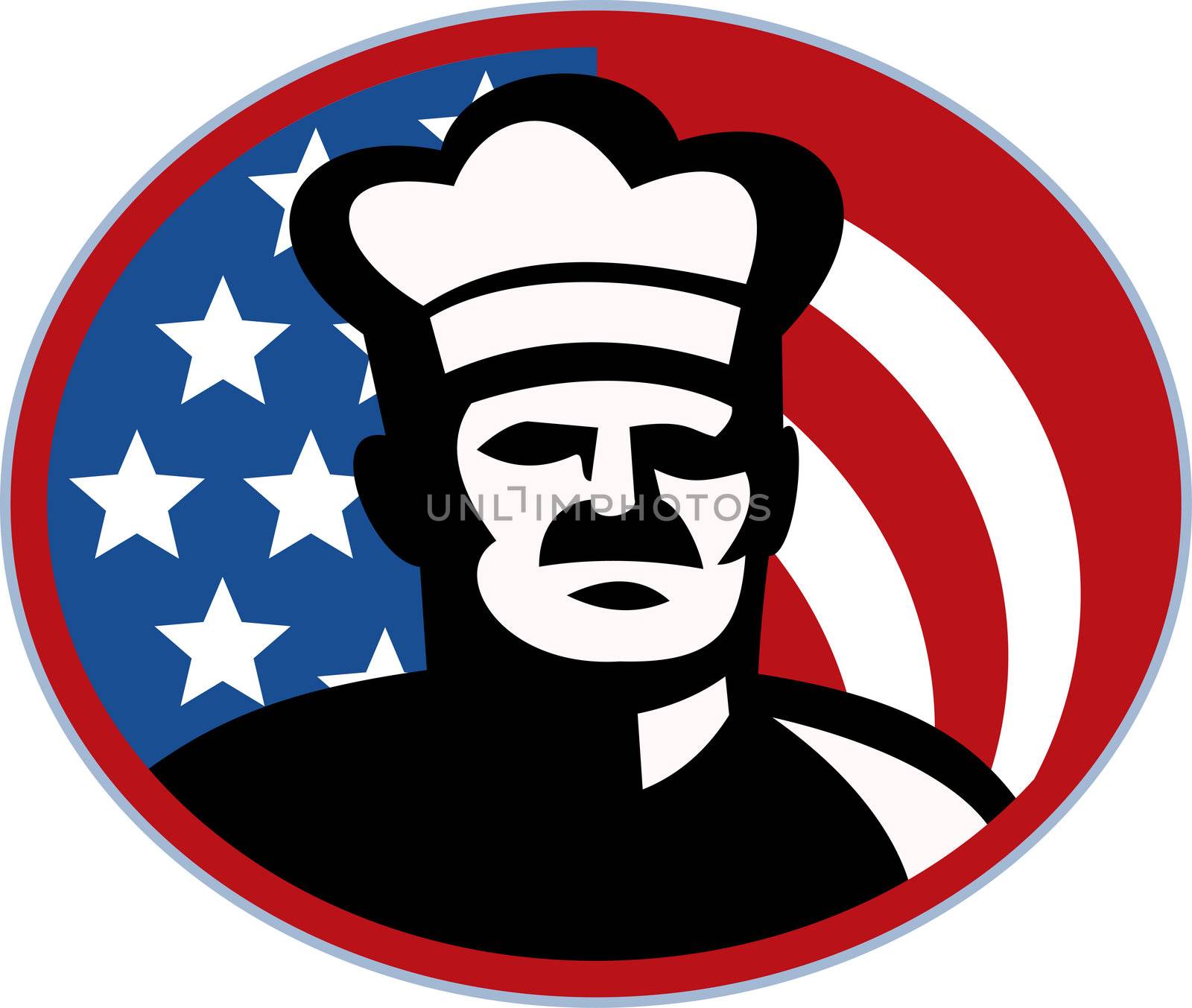 illustration of an American Chef cook baker with stars and stripes set inside a circle