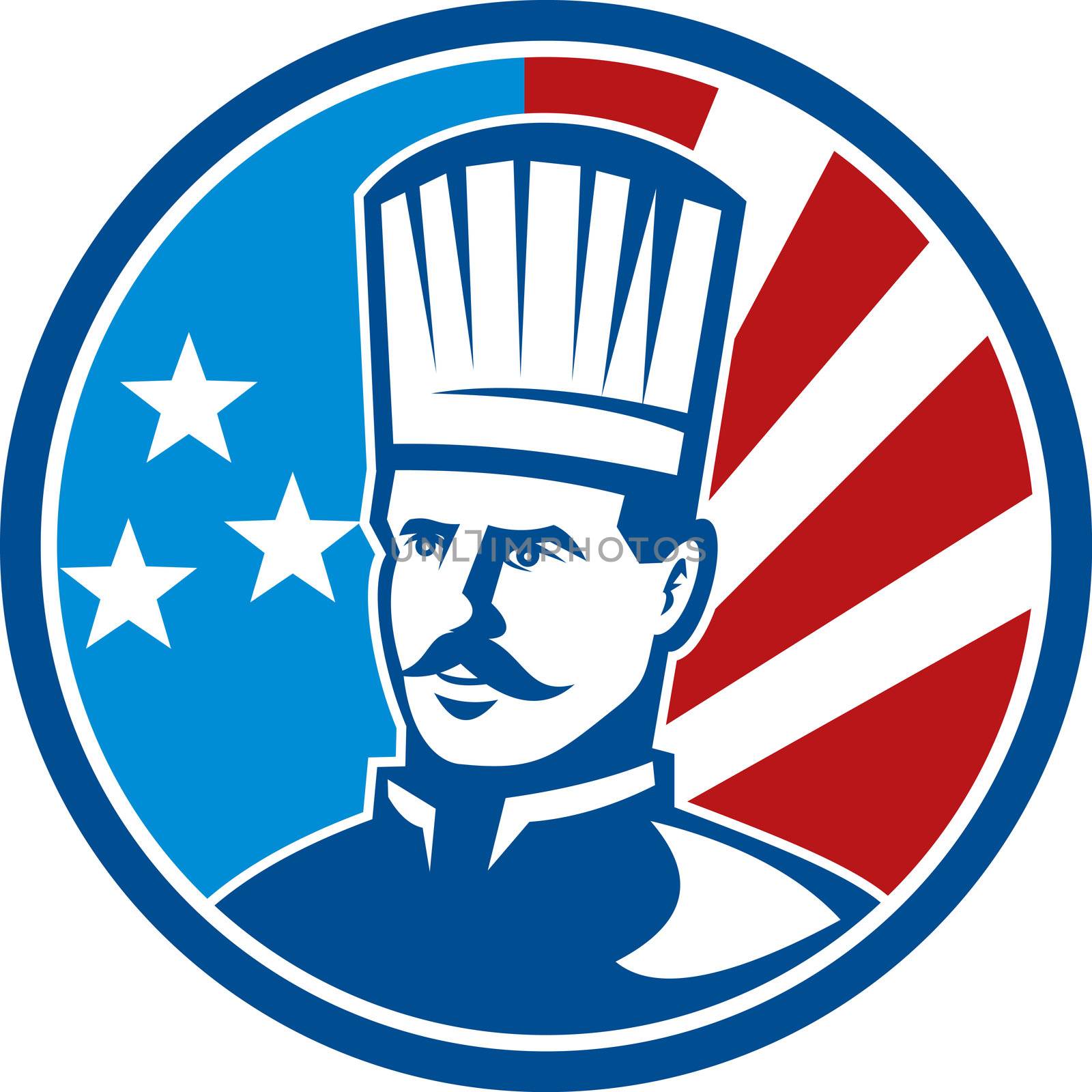 illustration of an American Chef cook baker with stars and stripes set inside a circle